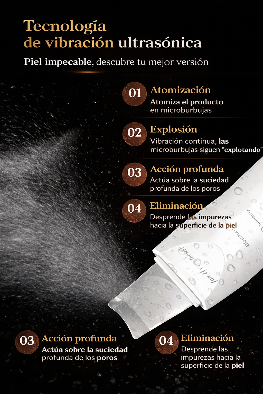 Espátula Ultrasónica Facial 4 Modos – Limpieza Profunda e Ionización