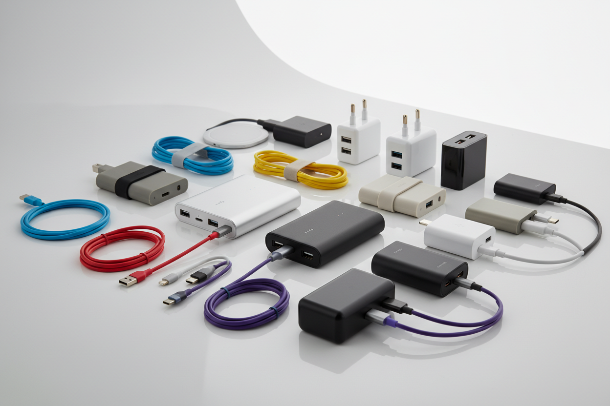 imagen con cargadores de movil y objetos de elctronca como adaptadores y cosas